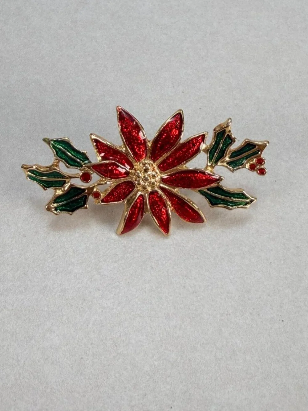 Vintage Christmas Poinsettia Brooch Red Green Enamel Gold Tone Holiday Pin